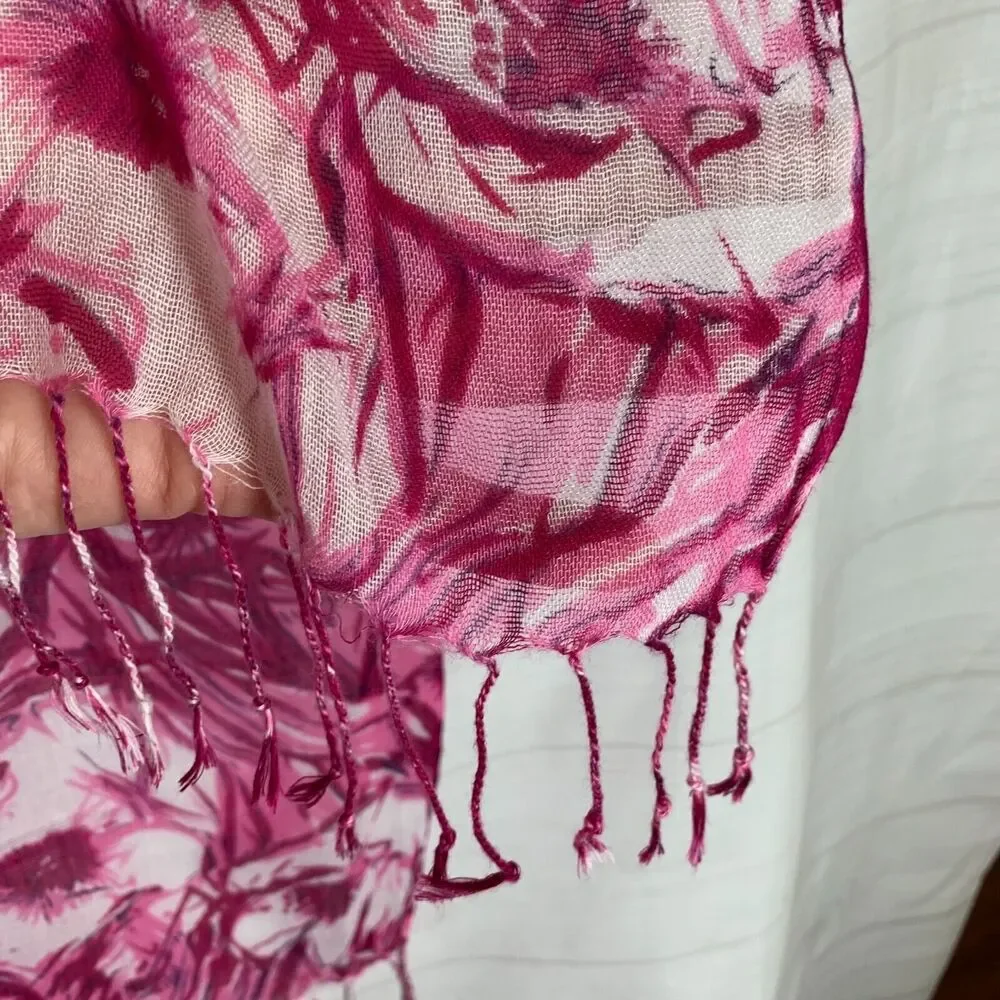 Soft Semi Sheer Viscose Gauze Rectangle Scarf Wrap Pink White Floral Fringe Ends